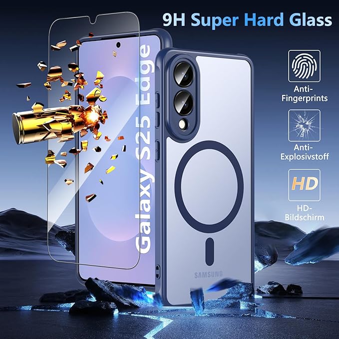 OWKEY for Samsung Galaxy S25 Edge Case 6.65'',Magnetic S25 Edge Case for Magsafe with Tempered Glass Screen, [Shockproof Military] Translucent Back Slim Bumper Cover Phone Case Galaxy s25 Edge,Blue