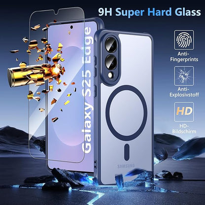 OWKEY for Samsung Galaxy S25 Edge Case 6.65'',Magnetic S25 Edge Case for Magsafe with Tempered Glass Screen, [Shockproof Military] Translucent Back Slim Bumper Cover Phone Case Galaxy s25 Edge,Blue