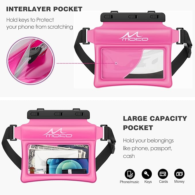 MoKo Waterproof Phone Pouch Fanny Pack, Floating Dry Bag for Swimming Kayaking Snorkeling, Compatible with iPhone 14 13 12 11 Pro Max X/Xr/Xs Max, Galaxy S21 Ultra/S9/Note 10 Plus, Magenta
