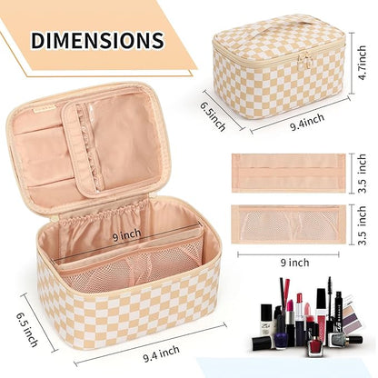 OCHEAL Makeup Bag,Travel Makeup Organizer Case, Large Capacity Cosmetic Bags for Wome Travel Toiletry Bag for Girls Traveling With Brush Slot And Divider-Plaid Beige