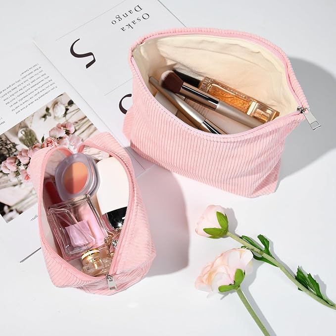 2 Pieces Makeup Bag Large Corduroy Cosmetic Bag Capacity Canvas Mix Travel Toiletry Bag Organizer Cute Makeup Brushes Aesthetic Accessories Storage Bag for Women, Corduroy Mix Pink