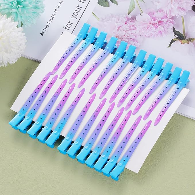 24 Packs Duck Bill Clips, Bantoye 3.35 Inches Rustproof Metal Alligator Curl Clips with Holes for Hair Styling, Hair Coloring, Gradient Blue