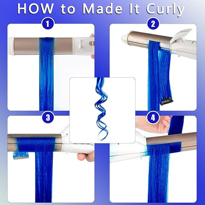12 PCS Blue Hair Extensions Clip in, 22 Inch Colored Hair Extensions Party Highlights Long Straight Synthetic Hairpieces for Women Kids Girls