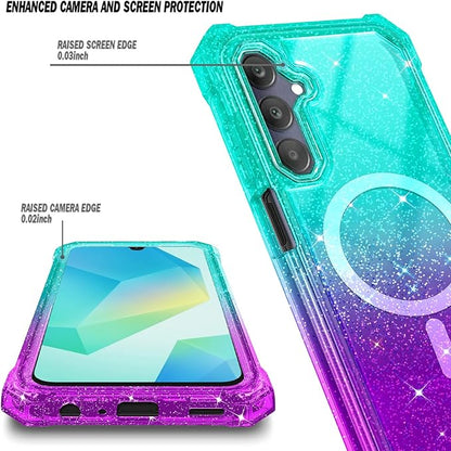 Designed for Samsung Galaxy A36-5G Phone Case, Magnetic Compatible with MagSafe, [Raised Corners Drop Protection] Shockproof Protective Bumper Cover (Glitter Aqua/Purple)