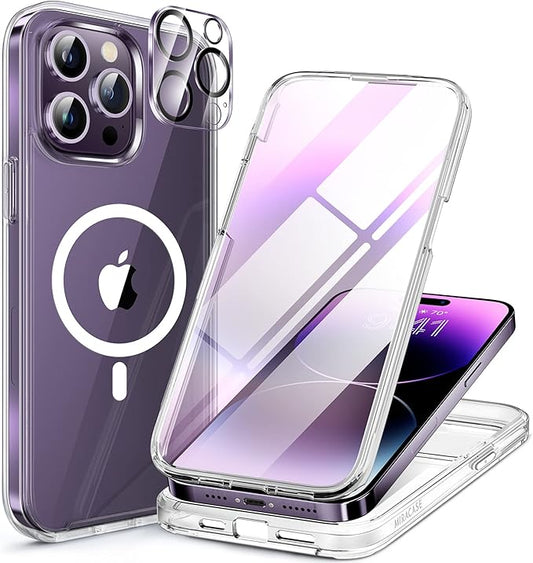 Miracase Magnetic for iPhone 14 Pro Case, [Compatible with MagSafe] [Built-in Tempered Glass Screen Protector] Full-Body Rugged Protective Case with Camera Lens Protector, Crystal Clear