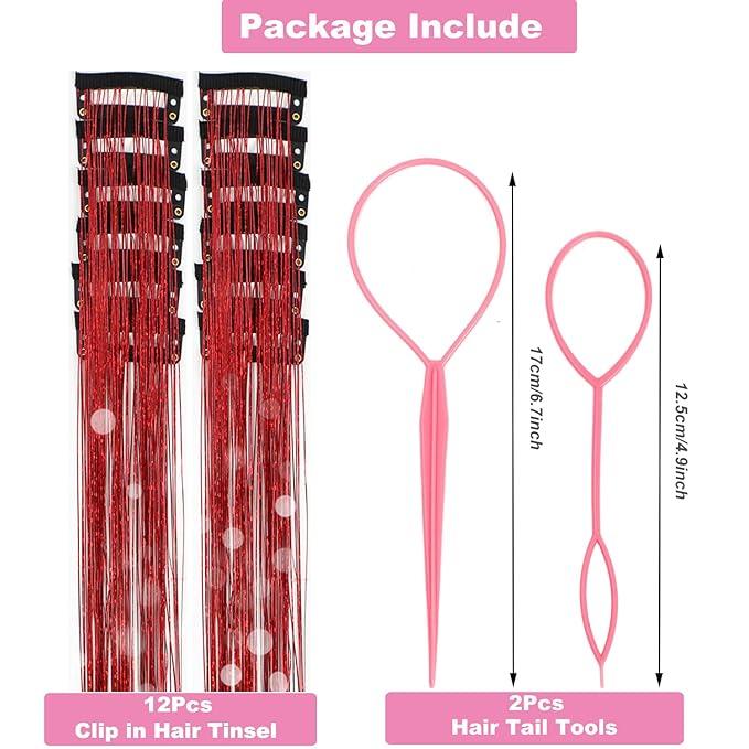 12Pcs Hair Tinsel Clip in Glitter Tinsel Hair Extensions 19.6Inch Clip in Hair Tinsel Kit Heat Resistant Shiny Sparkly Fairy Hair Accessories for Women Girls Kids (Red)