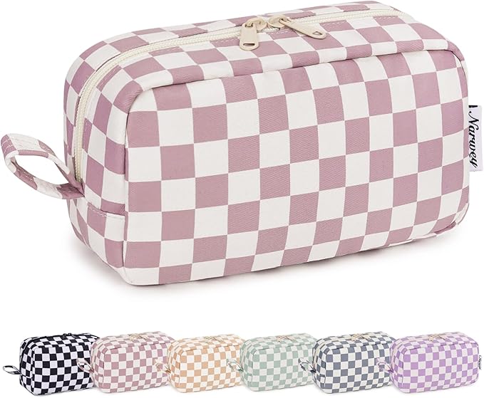 Narwey Checkered Makeup Bag Travel Cosmetic Bag Organizer Small Toiletry Bag Make Up Bags with Organized Pockets for Women (Dusty Rose Checkerboard, Large)