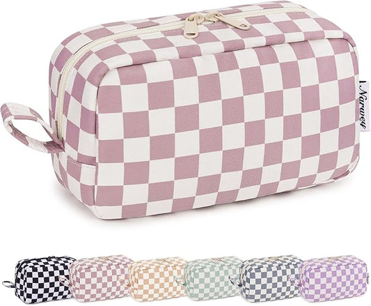 Narwey Checkered Makeup Bag Travel Cosmetic Bag Organizer Small Toiletry Bag Make Up Bags with Organized Pockets for Women (Dusty Rose Checkerboard, Large)