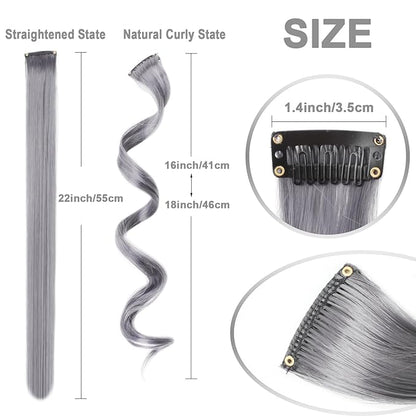 10 PCS Grey Hair Extensions, Curly Wavy Synthetic Hairpieces Clip in Rainbow Neon Party Highlights, Colorful Hair Accessories for Girls Women 17 inch (Grey)