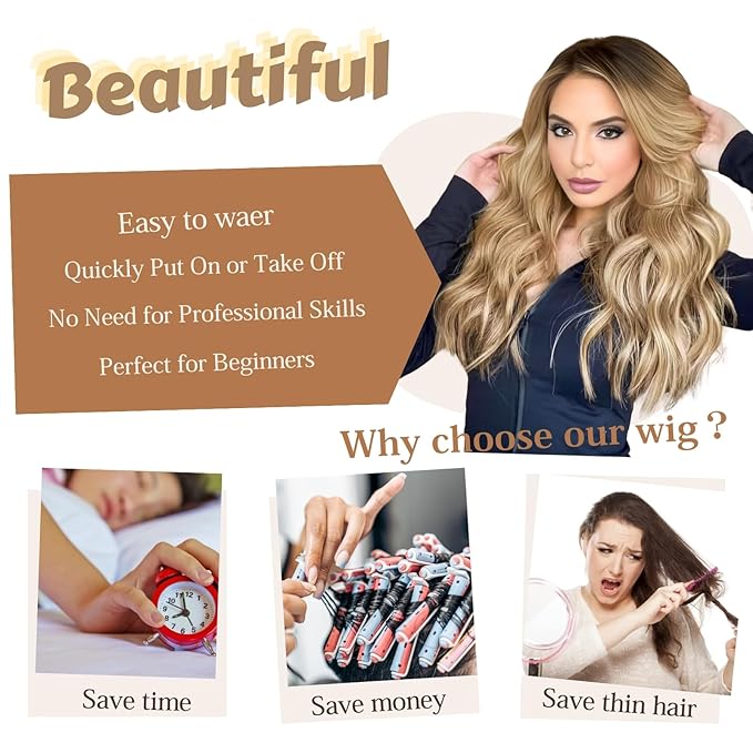 26 inch Lace Hairline Long Ombre Blonde Wigs for Women, Middle Part Long Curly Wig Heat Resistant Synthetic Hair Looking Natural, Fiber Wig for Daily Party Use