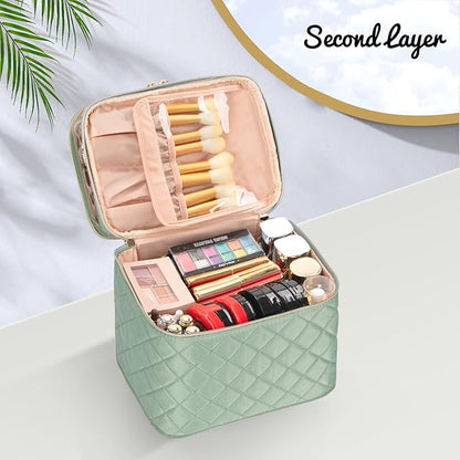 OCHEAL Large Makeup Bag, Double Layer Makeup Bag, Vertical Storage Cosmetic Case for Women/Girls with Multiple Compartments-Green