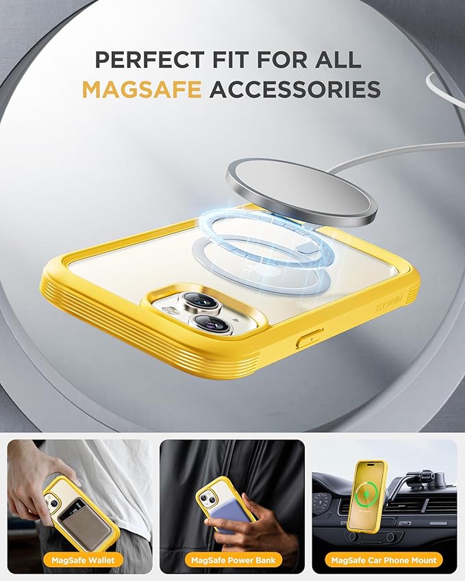 Miracase Magnetic for iPhone 15 Plus Case 6.7'' [Compatible with Magsafe] Full-Body Military Drop Proof 15 Plus Phone Case Cover with Built-in 9H Tempered Glass Screen Protector,Magnetic Yellow