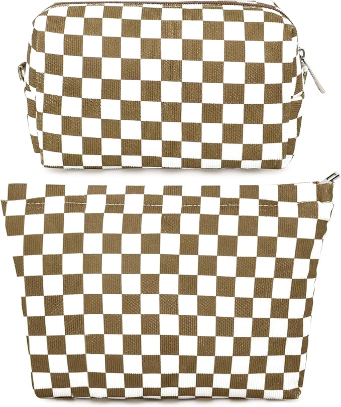 2 Pcs Checkered Makeup Bag Large Cosmetic Bag Toiletry Bag Makeup Pouch Travel Bag Organizer Cute Makeup Brushes Aesthetic Accessories Storage Bag for Women Coffee Brown