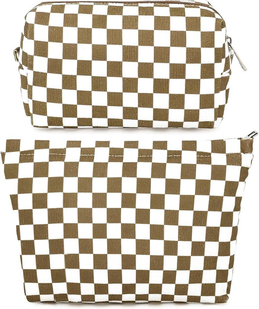 2 Pcs Checkered Makeup Bag Large Cosmetic Bag Toiletry Bag Makeup Pouch Travel Bag Organizer Cute Makeup Brushes Aesthetic Accessories Storage Bag for Women Coffee Brown