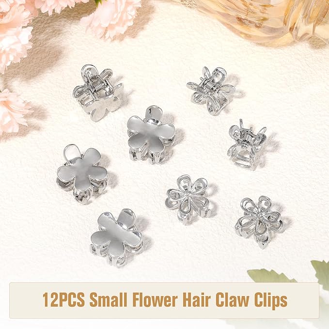 12PCS Small Metal Hair Claw Clips, Silver Mini Hair Clips for Thin Thick Hair, Cute Tiny Hair Clips, Little Flower Hair Jaw Clamps, Nonslip Bangs Pins Hair Accessories for Women Girls