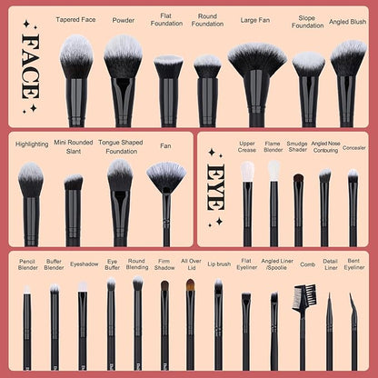 29pcs Black Professional Makeup Brush Set Kabuki Powder Concealers Eye shadows Blush Eyeliner Eyebrow Contour Eye blending Brushes