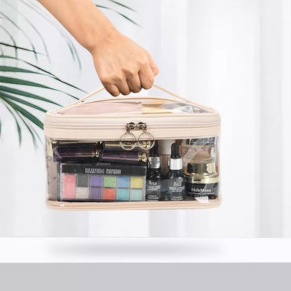 OCHEAL Makeup Bag, Clear Makeup Organizer Bag Portable Cosmetic Bag, Cute Transparent Case For Women and Girls traveling Storage with zipper Divider Brush Compartment-Clear Beige white
