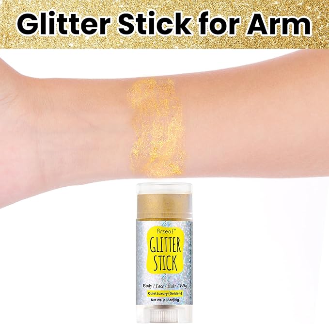 Brzeaf Waterproof Golden Glitter Stick, Face Glitter Makeup, Shimmery & Long Lasting, Chunky Glitter for Face/Body/Hair/Eyes/Lip, Singer Concert Music Christmas Rave Festival