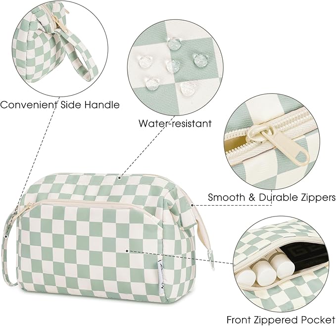 Narwey Checkered Makeup Bag Women Wide-open Make up Bag Travel Cosmetic Bag Organizer Toiletry Bag for Cosmetics Toiletries Accessories (Mint Green Checkerboard)