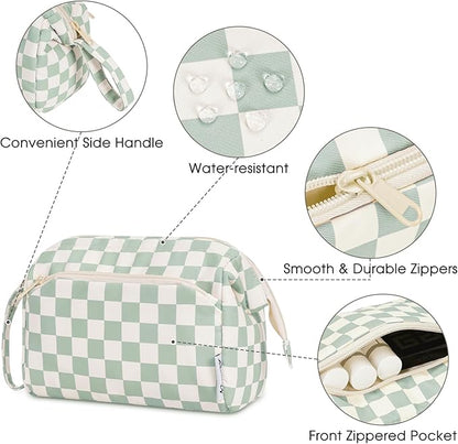 Narwey Checkered Makeup Bag Women Wide-open Make up Bag Travel Cosmetic Bag Organizer Toiletry Bag for Cosmetics Toiletries Accessories (Mint Green Checkerboard)