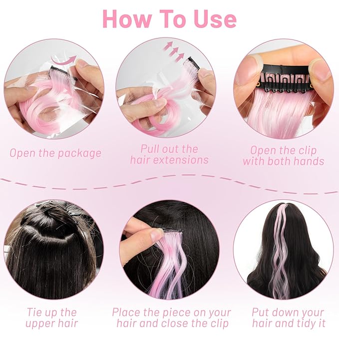 16 Pcs Colored Hair Extensions Curly Wavy Clip in Synthetic Hairpiece Streak for Girls Women Kids, Multi-colors Party Highlights Cosplay Festival Gift(Light Pink)