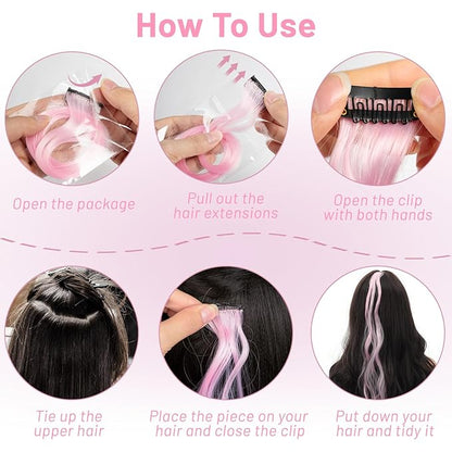16 Pcs Colored Hair Extensions Curly Wavy Clip in Synthetic Hairpiece Streak for Girls Women Kids, Multi-colors Party Highlights Cosplay Festival Gift(Light Pink)
