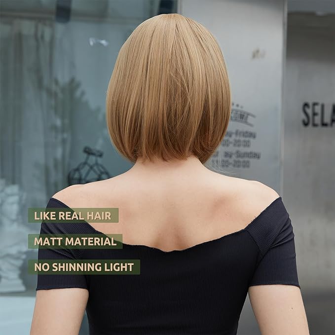 Onpep Bob Wig with Bangs Brown Highlight Short Straight Natural Looking Wigs for Women Shoulder Length Heat Resistant Synthetic Blonde Wigs
