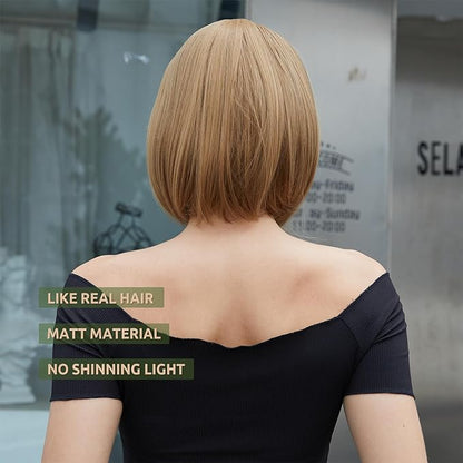 Onpep Bob Wig with Bangs Brown Highlight Short Straight Natural Looking Wigs for Women Shoulder Length Heat Resistant Synthetic Blonde Wigs