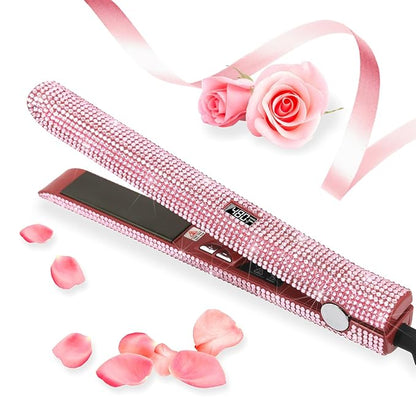 DORISILK 480°F High Temp Titanium Flat Iron, Pink Hair Straightener and Curler 2 in 1 Bedazzled Rhinestone Crystal Bling Straightening Curling Flattening Iron 30s Fast Heat Dual Voltage 1" Soft Pink