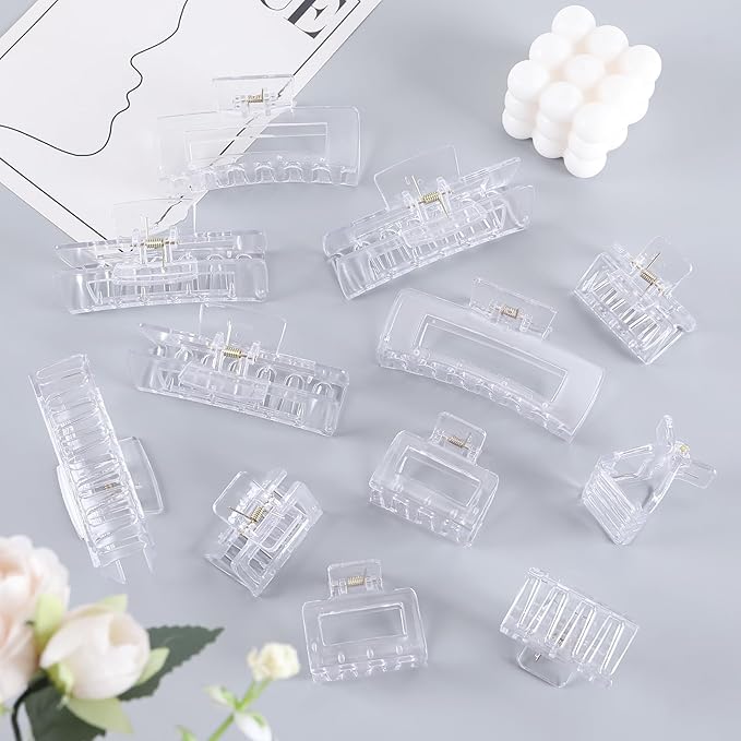 12 Pcs Rectangle Hair Clips, Hair Accessories for Women and Girls, Including 6 Pcs 4 Inch Large Claw Clips for Thick Hair and 6 Pcs 2 inch Small Hair Claw Clips for Thin Hair (Clear)