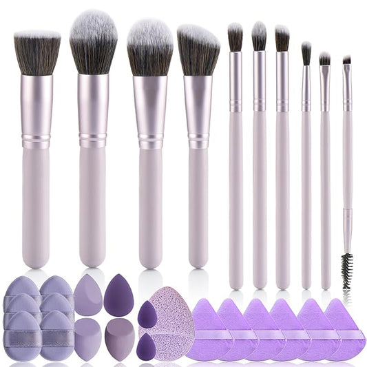 29Pcs Makeup Tool Set Includes: Wooden Handle 10Pcs Kabuki Makeup Brush set 18Pcs Makeup Sponges Suitable for makeup artists and perfect gifts (Purple 29pcs)