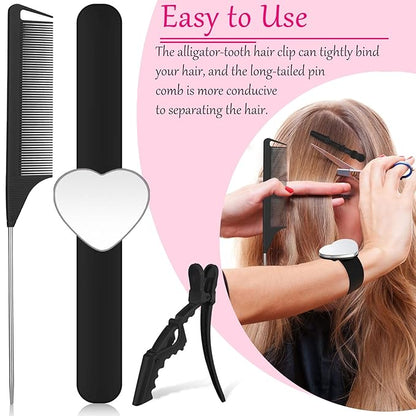 22 Pieces Magnetic Wrist Sewing Pincushion Hair Braiding Tools Pin Wristband Stainless Steel Pintail Rat Tail Comb Wide Teeth Alligator Sectioning Hair Clip Parting Ring Tool(Black)