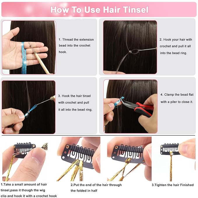20 Colors Hair Tinsel Kit with Tools 48 Inch 4600 Strands Fairy Hair Tinsel Heat Resistant Glitter Tinsel Hair Extensions Hair Accessories Hair Tinsel Kit for Girls Women Kids (20 Colors)