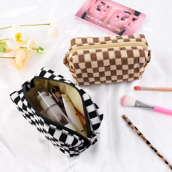 2 Pieces Checkered Cosmetic Travel Bags - Cute Makeup Pouch Organizers With Brush Storage for Women