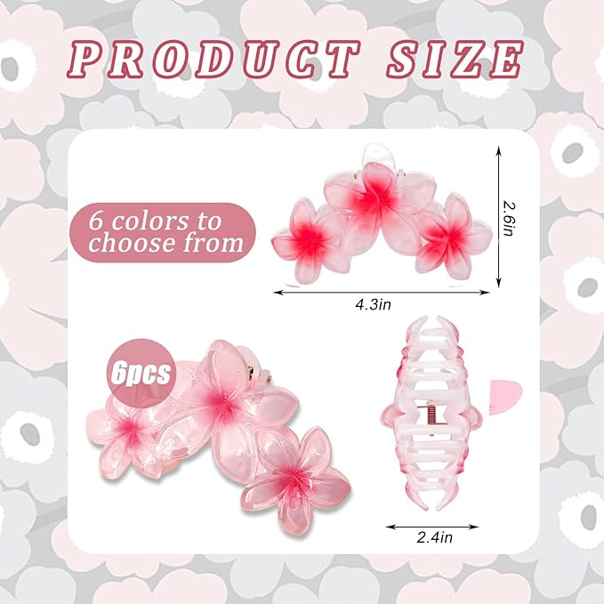 6Pcs Flower Hair Clips for Women, Non-Slip Hawaiian Hair Flower Clip, Large Plumeria Banana Cute Beach Hair Accessories (Pearlescent Gradient Color)