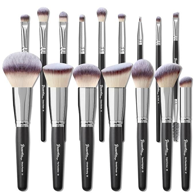 Bueart Design 19Pcs ULTRA SOFT Black labeled Makeup Brushes set Contains large powder Flat Foundation Blending Blush Face contour Concealers Brush (16Pcs Matte Black S)