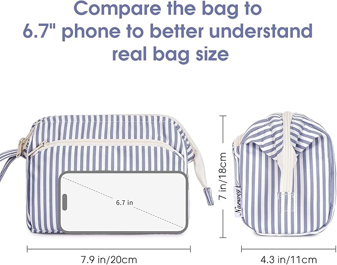 Narwey Striped Wide Open Makeup Bag Women, Travel Toiletry Bag for Women Cosmetic Bag Organizer Make up Bags with Compartments, Gift for Teen Girls (Greyish Blue Stripe)