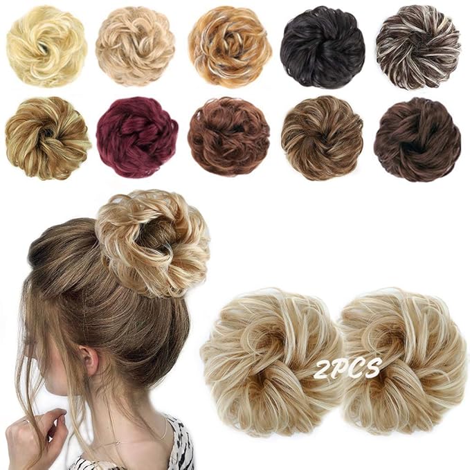 MORICA 2PCS Messy Bun HairPiece Scrunchies - Synthetic Scrunchies Curly Wavy Ponytail HairExtention for ThinHair Women (AshBlonde & BleachBlonde#)