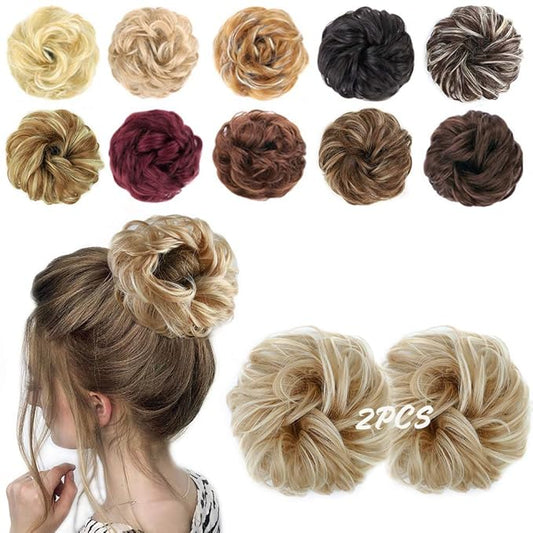 MORICA 2PCS Messy Bun HairPiece Scrunchies - Synthetic Scrunchies Curly Wavy Ponytail HairExtention for ThinHair Women (AshBlonde & BleachBlonde#)