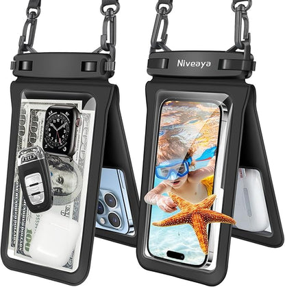 Niveaya Double Space Waterproof Phone Pouch - 2 Pack, Waterproof Phone Lanyard Case with iPhone 16/15/14/13/12 Pro Max up to 8.3", Phone Dry Bags for Vacation Beach Pool Kayak Cruise Travel Essentials