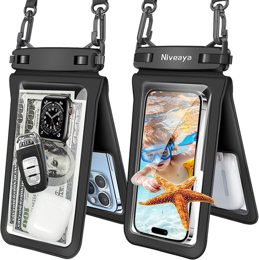 Niveaya Double Space Waterproof Phone Pouch - 2 Pack, Waterproof Phone Lanyard Case with iPhone 16/15/14/13/12 Pro Max up to 8.3", Phone Dry Bags for Vacation Beach Pool Kayak Cruise Travel Essentials