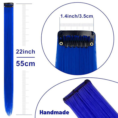 22 inch Colored Hair Extensions, Colorful Party Highlights Clip in Synthetic Hair Extensions for Girls Women Kids Favor Gift(10 PCS Blue)