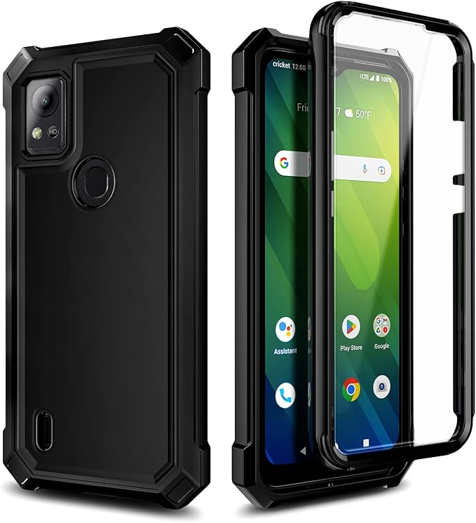 Compatible with Cricket Icon 5, AT&T Motivate 4 Case with [Built-in Screen Protector], Full-Body Protective Shockproof Rugged Bumper Cover, Impact Resist Phone Case (Black)