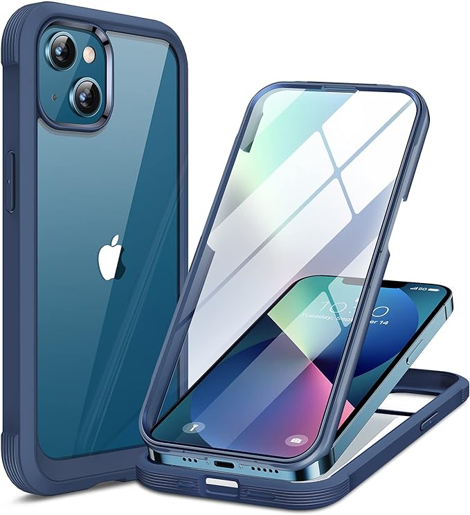 Miracase Compatible with iPhone 13 Mini case 5.4 inch, 2023 Upgrade Full-Body Glass Clear Case Bumper Case with Built-in 9H Tempered Glass Screen Protector for iPhone 13 Mini, Dark Blue