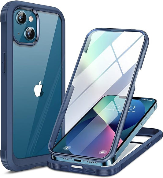 Miracase Compatible with iPhone 13 Mini case 5.4 inch, 2023 Upgrade Full-Body Glass Clear Case Bumper Case with Built-in 9H Tempered Glass Screen Protector for iPhone 13 Mini, Dark Blue