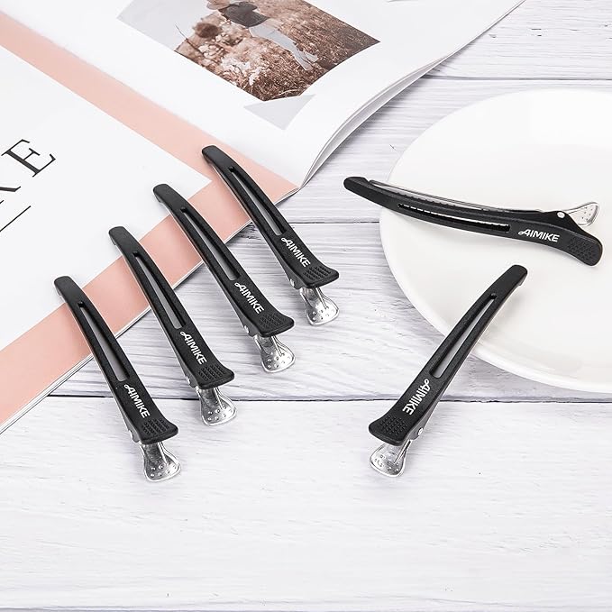 AIMIKE 12pcs Professional Hair Clips for Styling Sectioning, Non Slip No-Trace Duck Billed Hair Clips with Silicone Band, Salon and Home Hair Cutting Clips for Hairdresser, Women, Men -Black 4.3” Long