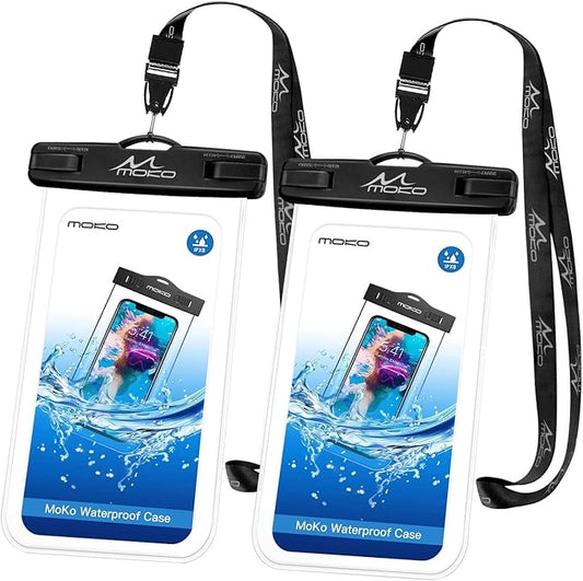 MoKo Waterproof Phone Pouch 2Pack, Underwater Phone Case Dry Bag with Lanyard Compatible with iPhone 16 14 13 12 11 Pro Max X/Xr/Xs Max/SE 3, Samsung S21/S10/S9, Note 10/9/8, Black+Black