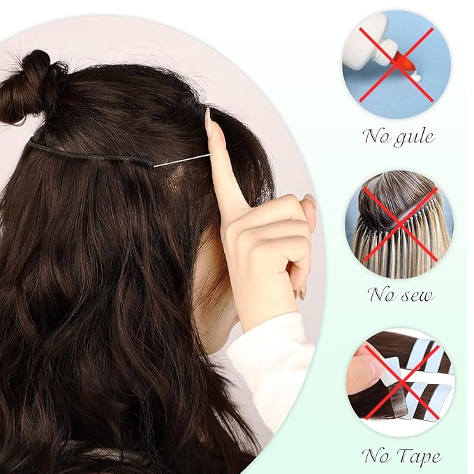 MORICA Halo Hair Extensions 20 Inch Light Brown Mix Ash Blonde Invisible Wire Hair Extensions,Long Wavy Synthetic Hairpiece with Transparent Wire Adjustable Size, 4 Secure Clips for Women