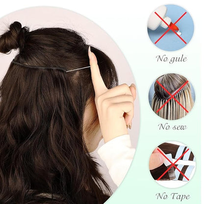 MORICA Halo Hair Extensions 20 Inch Light Brown Mix Ash Blonde Invisible Wire Hair Extensions,Long Wavy Synthetic Hairpiece with Transparent Wire Adjustable Size, 4 Secure Clips for Women