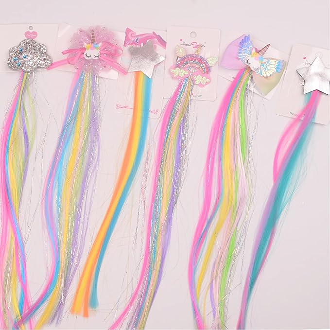 6 Set Rainbow Colored Straight Hair Clips with Unicorn Accessories - Thick Wig Bangs and Ponytail Extensions for Girls
